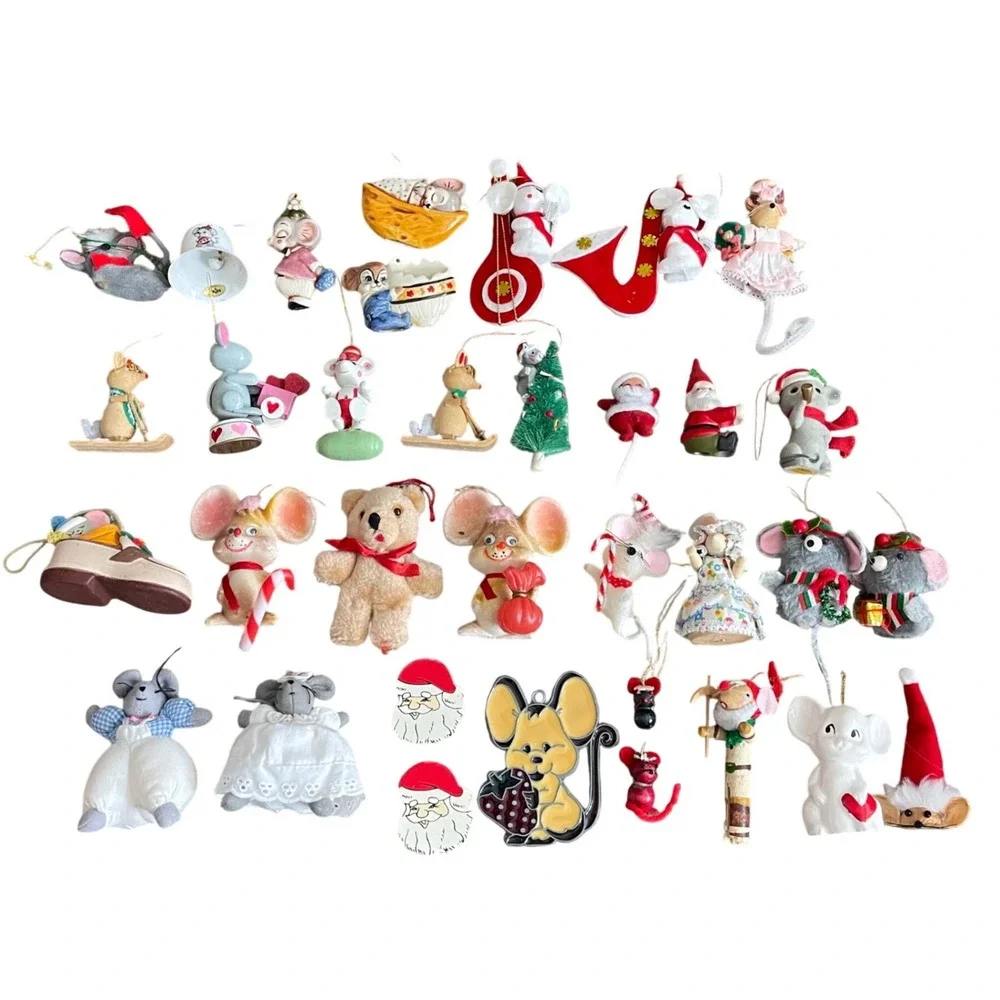 Vtg kitschy 70s plush Wooden felt ceramic Christmas Tree Ornament lot 34‎ taiwan